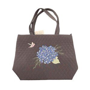 Vera Bradley Happy Hydrangeas Embroidered Hummingbird Large Tote Gray Microfiber